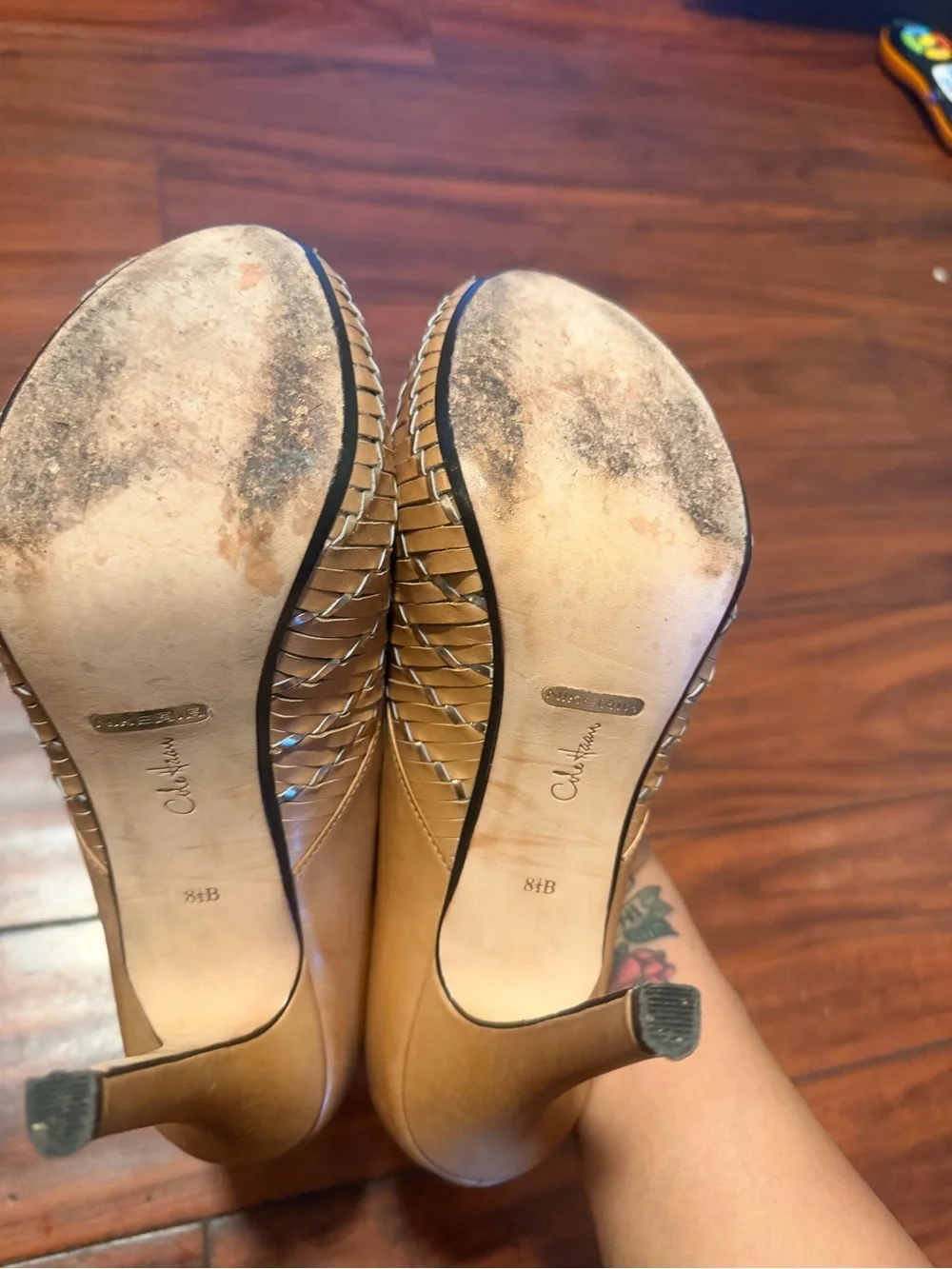 Cole Haan Woven Tan Peep-Toe High Heels - Picture 4 of 10